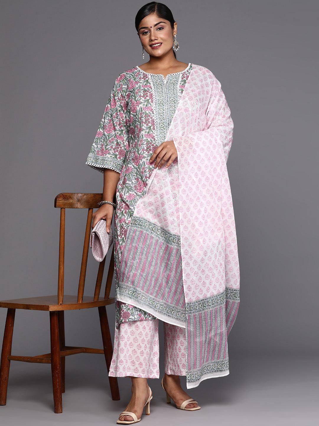 Pink Printed Cotton Straight Kurta With Palazzos & Dupatta - ShopLibas