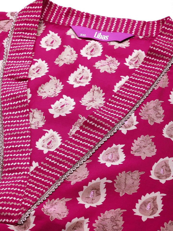 Plus Size Pink Printed Silk Blend Straight Kurta Set
