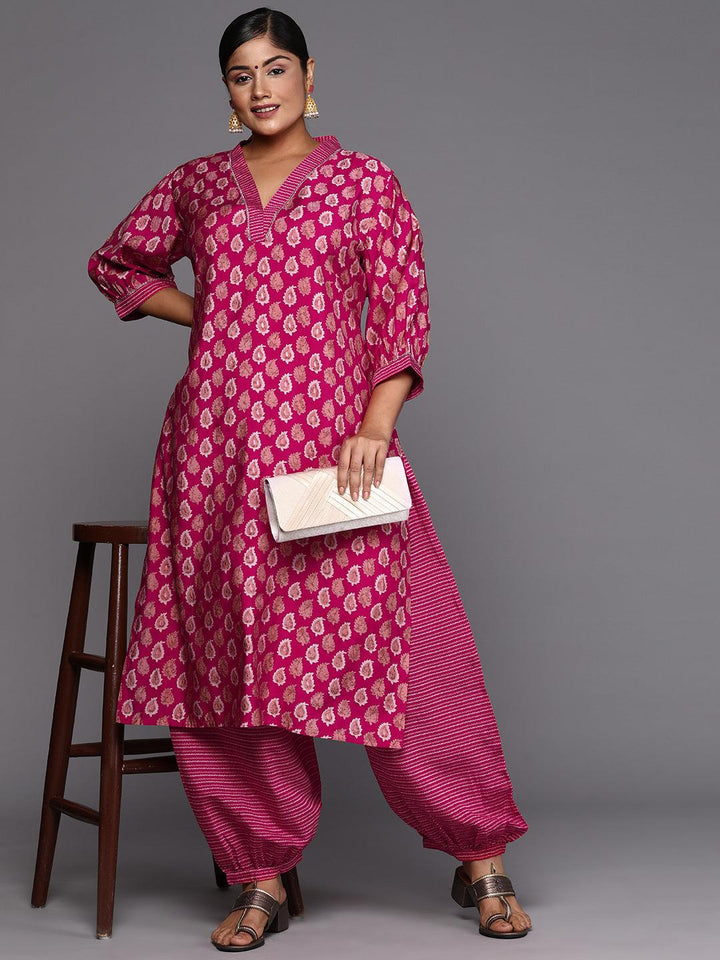 Plus Size Pink Printed Silk Blend Straight Kurta Set