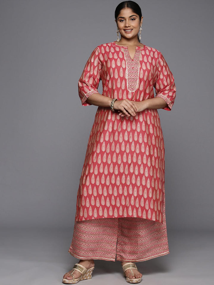Plus Size Red Printed Silk Blend Straight Kurta Set