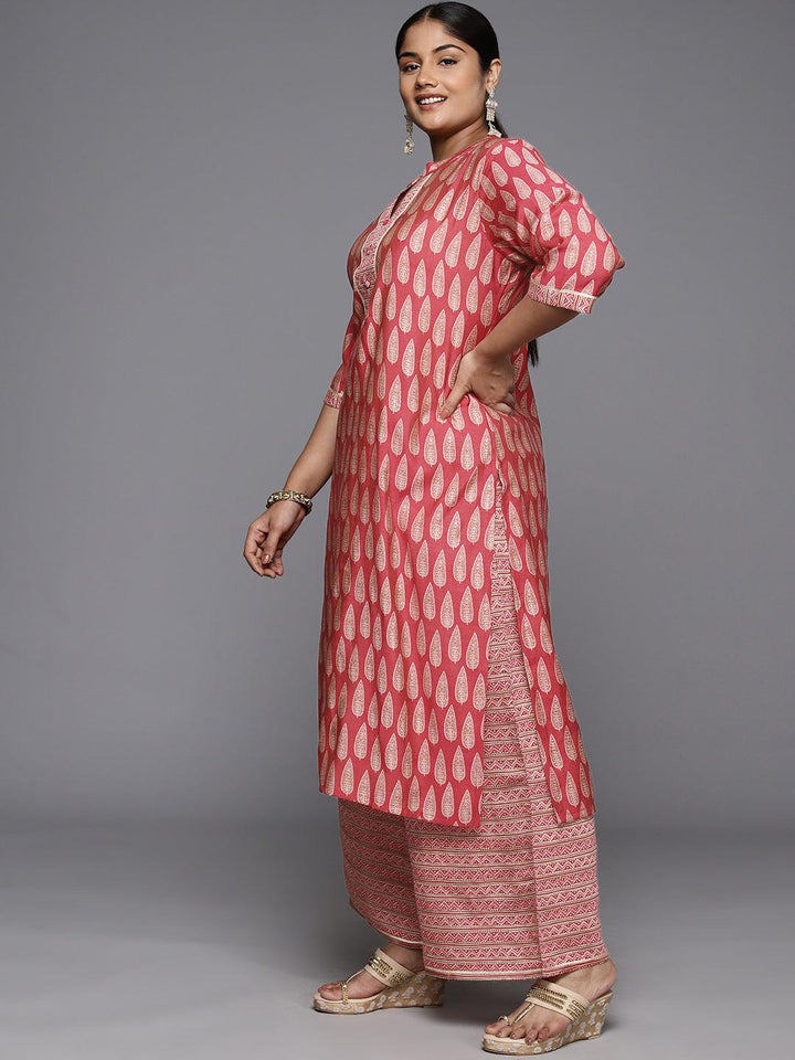 Plus Size Red Printed Silk Blend Straight Kurta Set