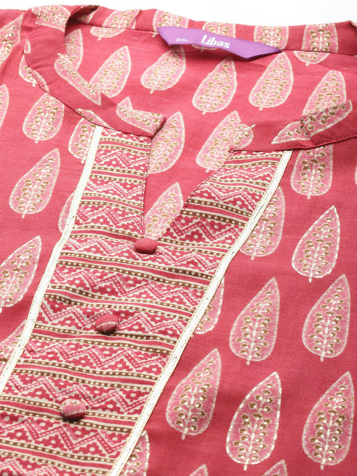 Plus Size Red Printed Silk Blend Straight Kurta Set