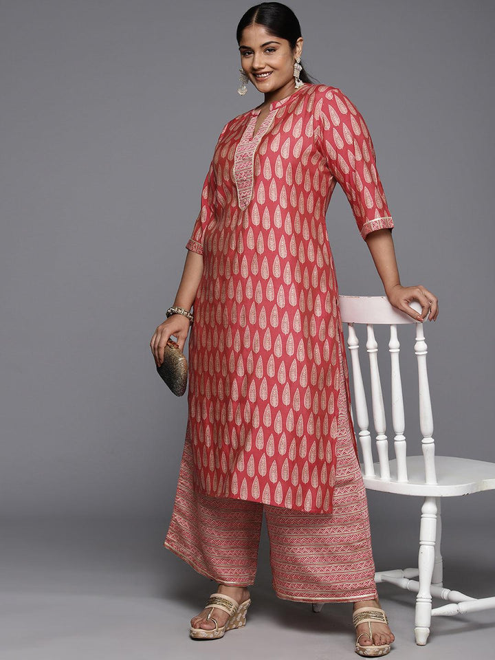 Plus Size Red Printed Silk Blend Straight Kurta Set