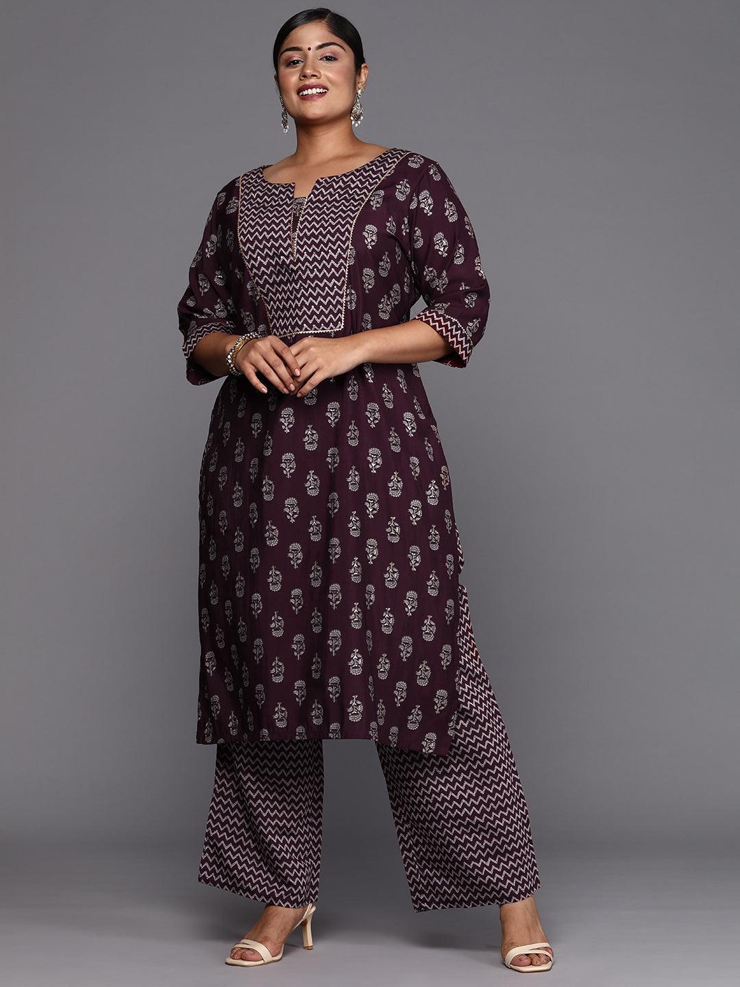 Wine Printed Silk Blend Straight Kurta With Trousers - ShopLibas