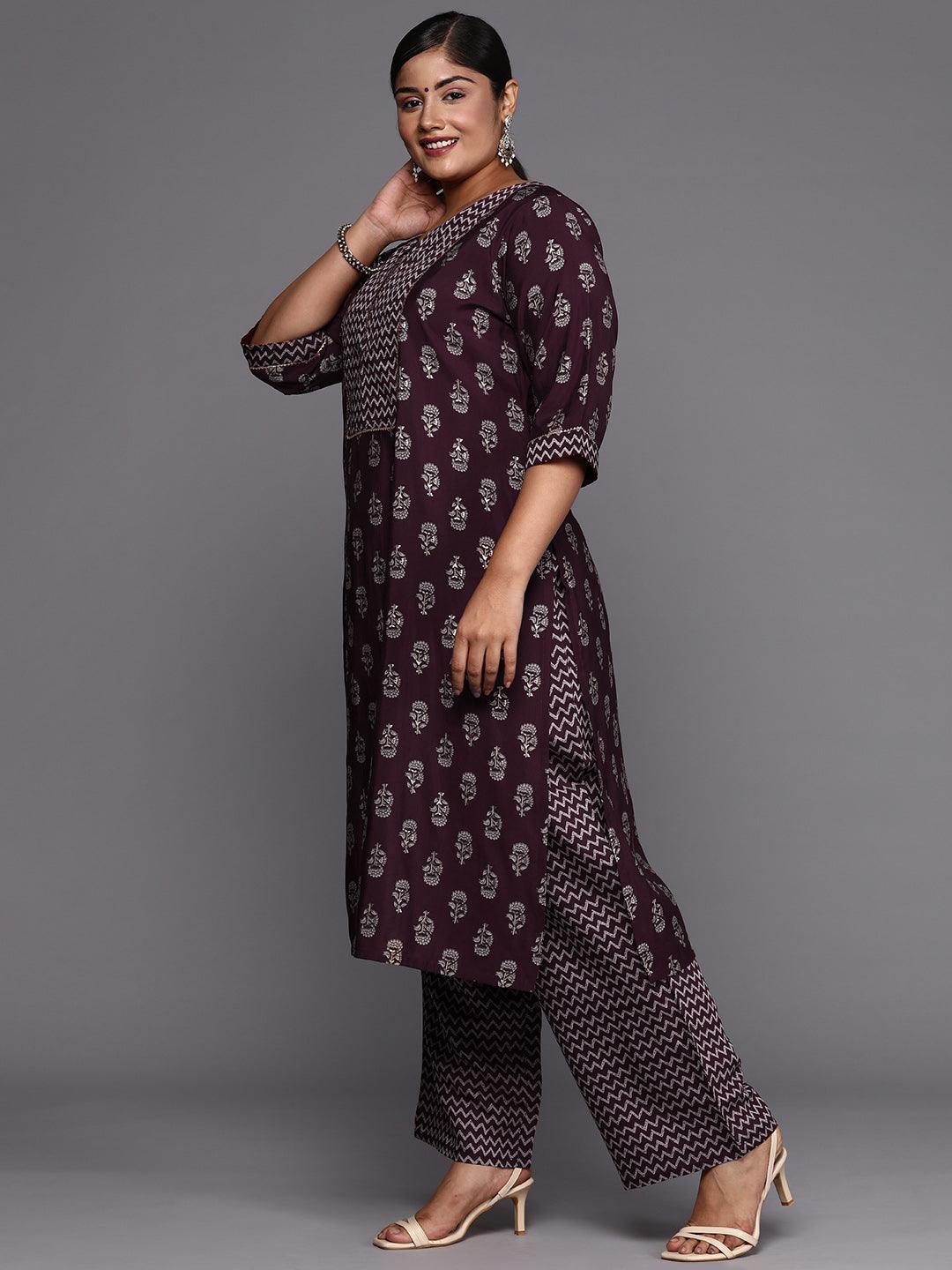 Wine Printed Silk Blend Straight Kurta With Trousers - ShopLibas