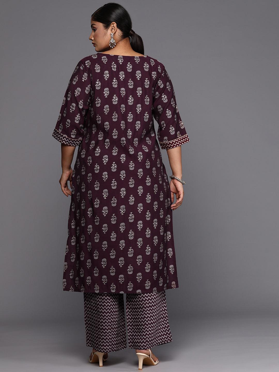 Wine Printed Silk Blend Straight Kurta With Trousers - ShopLibas