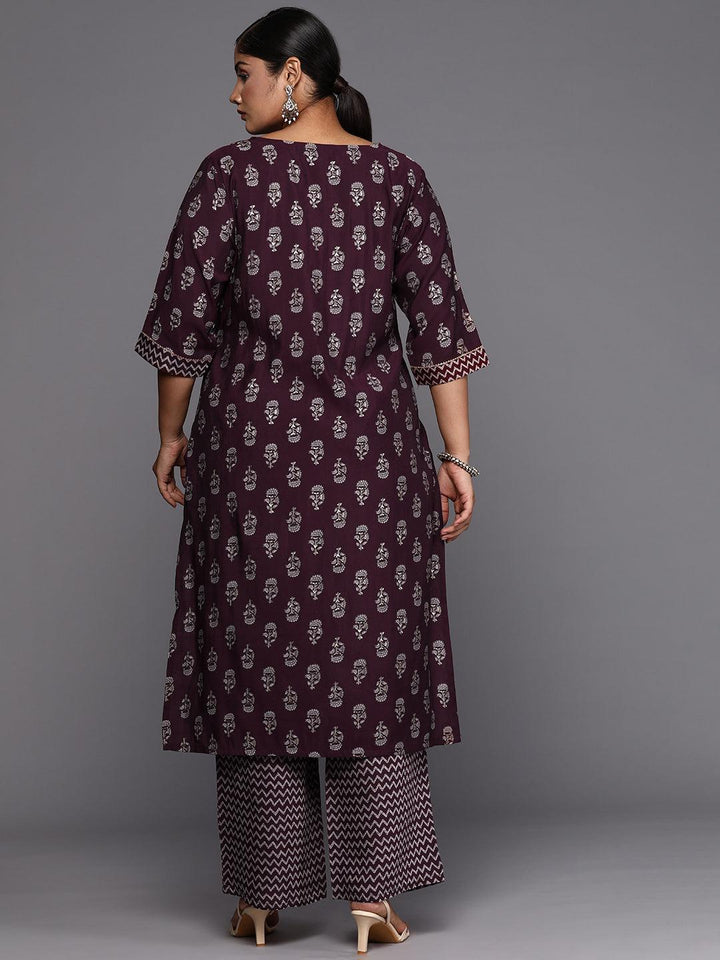 Plus Size Wine Printed Silk Blend Straight Kurta Set