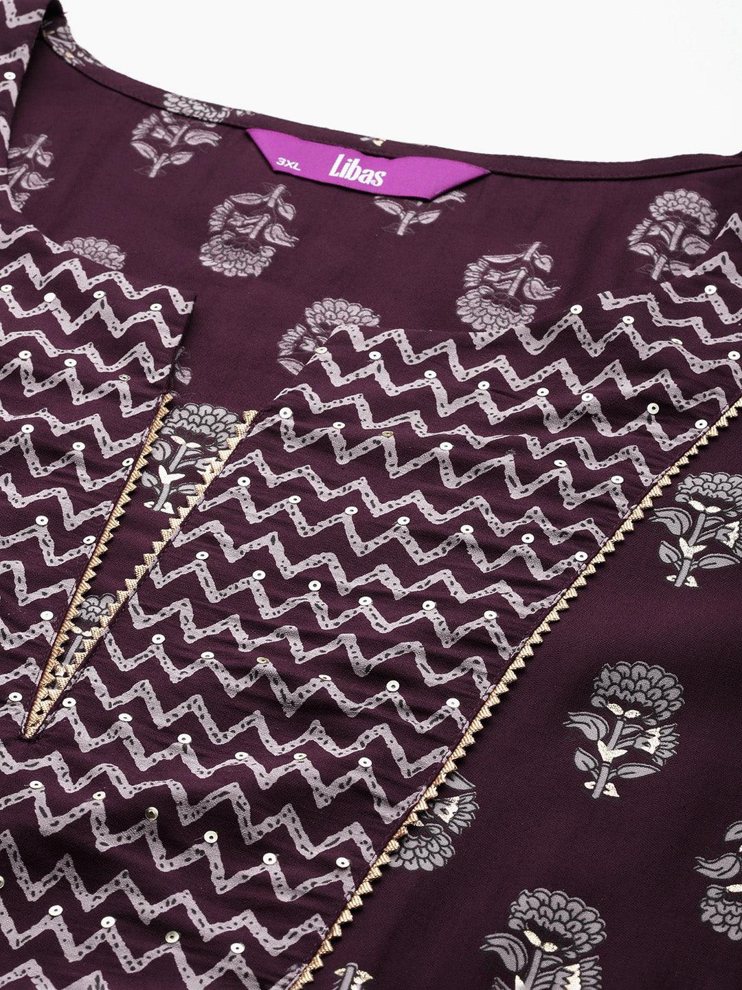 Wine Printed Silk Blend Straight Kurta With Trousers - ShopLibas