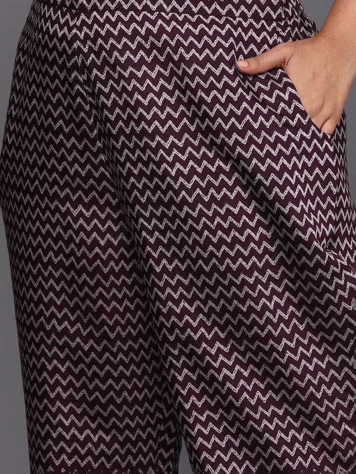 Plus Size Wine Printed Silk Blend Straight Kurta Set