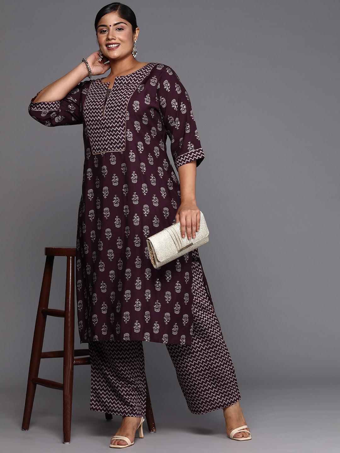 Wine Printed Silk Blend Straight Kurta With Trousers - ShopLibas