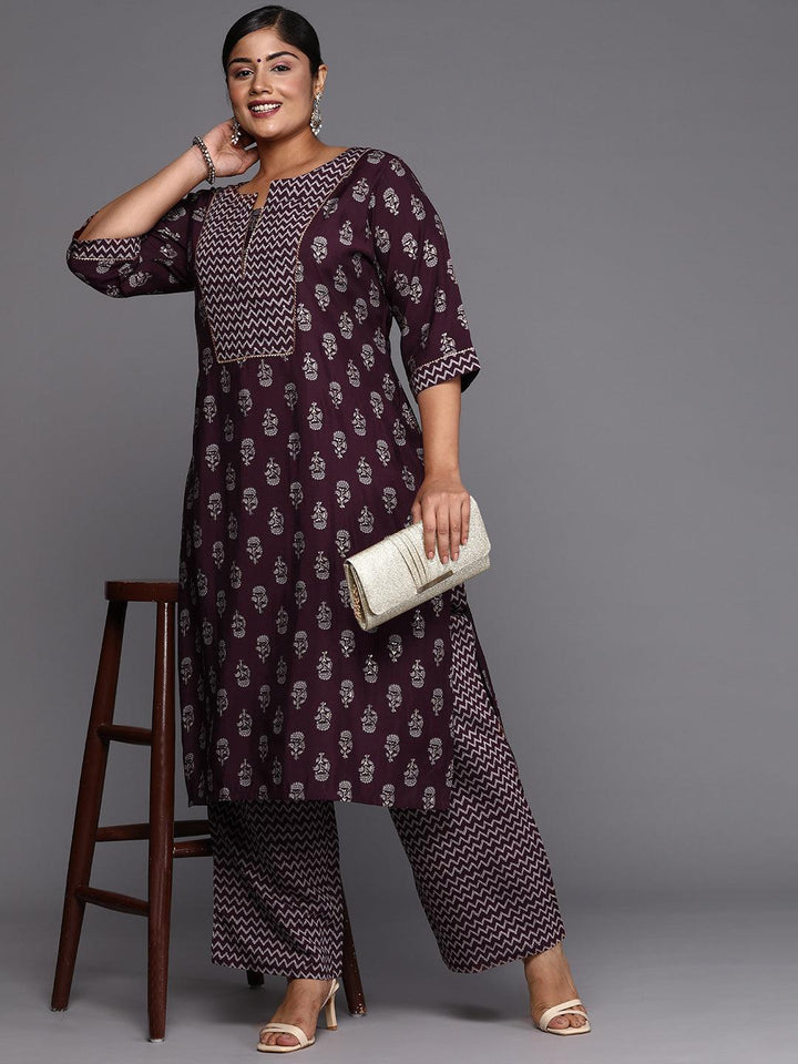 Plus Size Wine Printed Silk Blend Straight Kurta Set