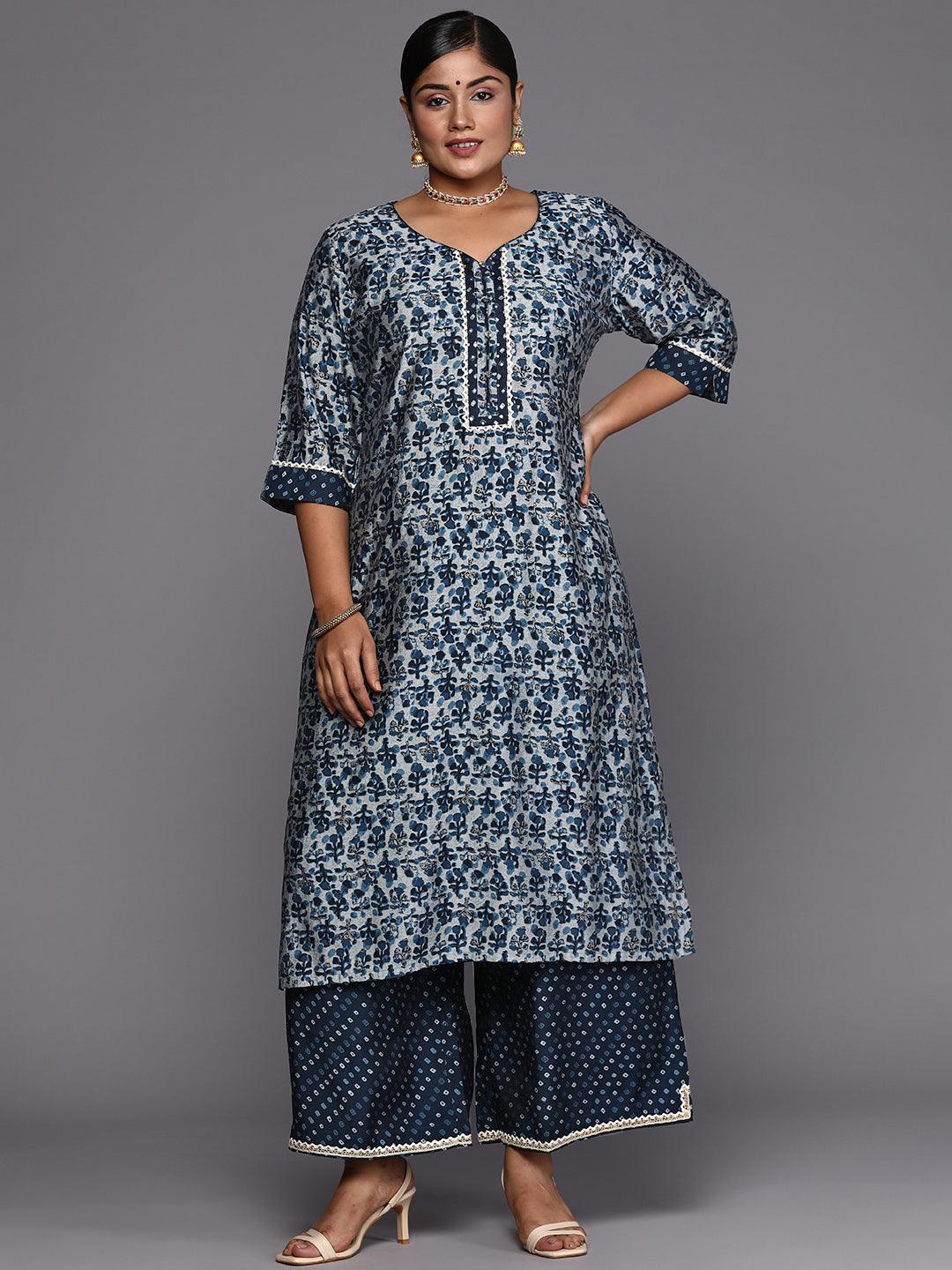 Blue Printed Silk Blend Straight Kurta With Palazzos - ShopLibas