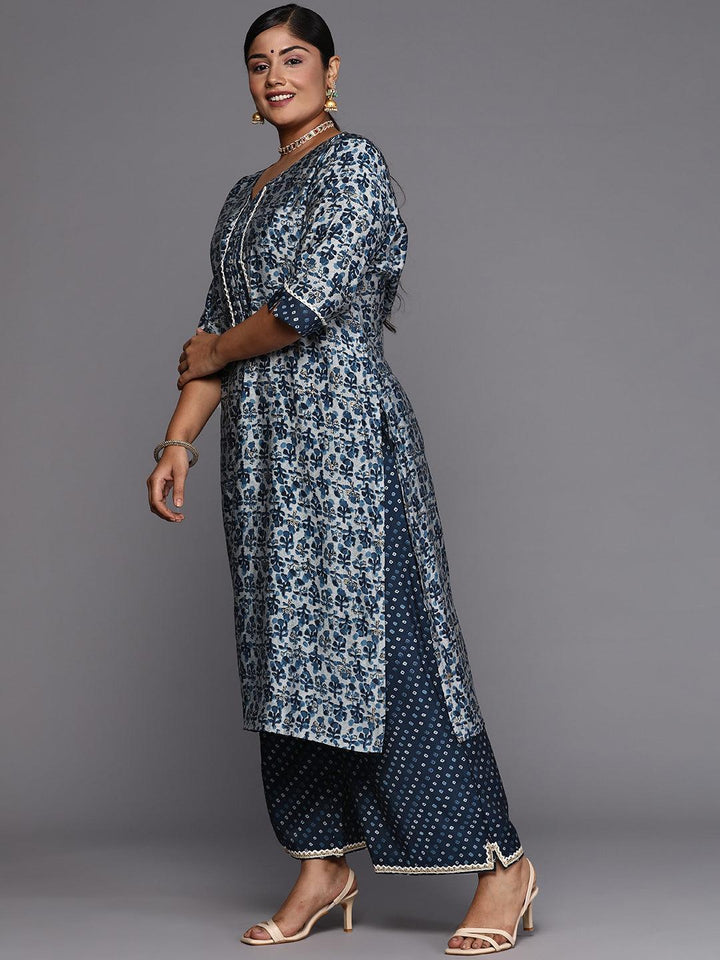 Plus Size Blue Printed Silk Blend Straight Kurta Set