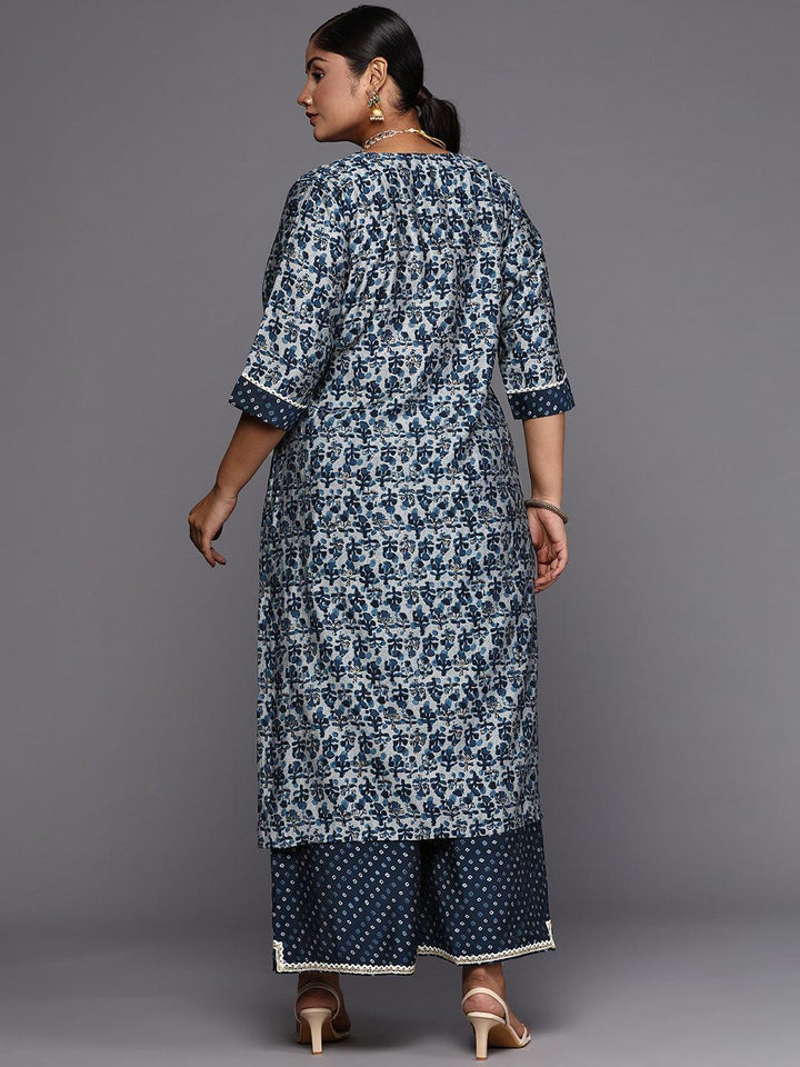 Plus Size Blue Printed Silk Blend Straight Kurta Set