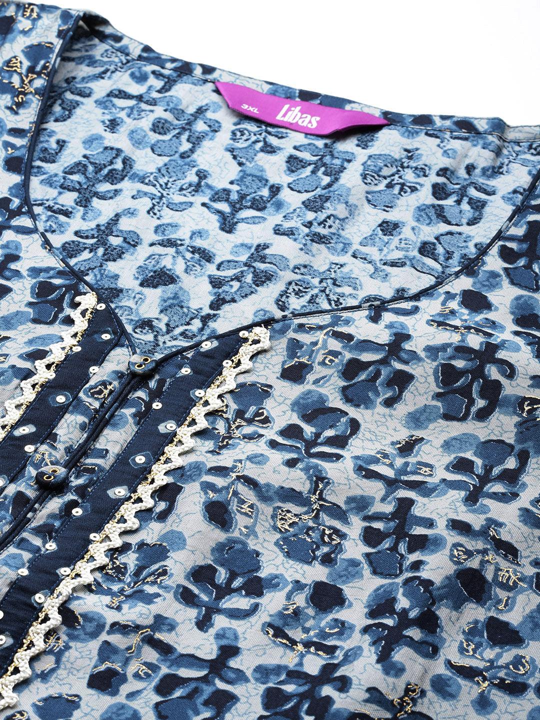 Blue Printed Silk Blend Straight Kurta With Palazzos - ShopLibas