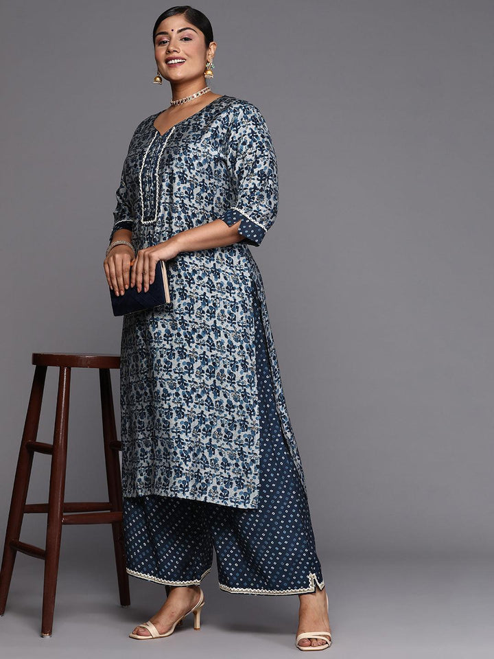 Plus Size Blue Printed Silk Blend Straight Kurta Set