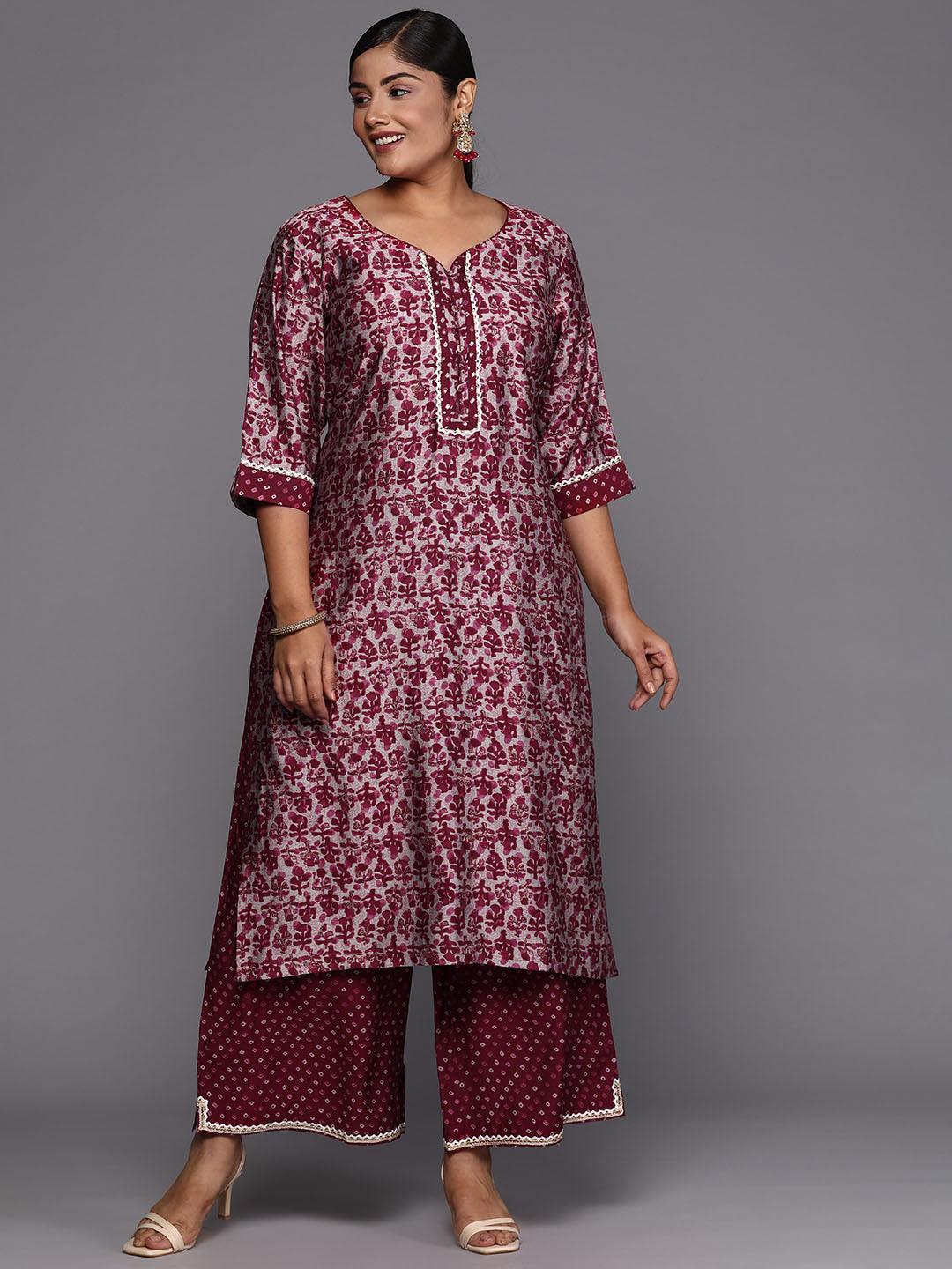 Maroon Printed Silk Blend Straight Kurta With Palazzos - ShopLibas