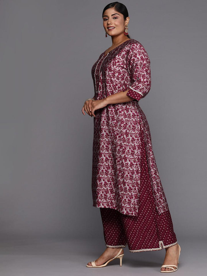 Plus Size Maroon Printed Silk Blend Straight Kurta Set