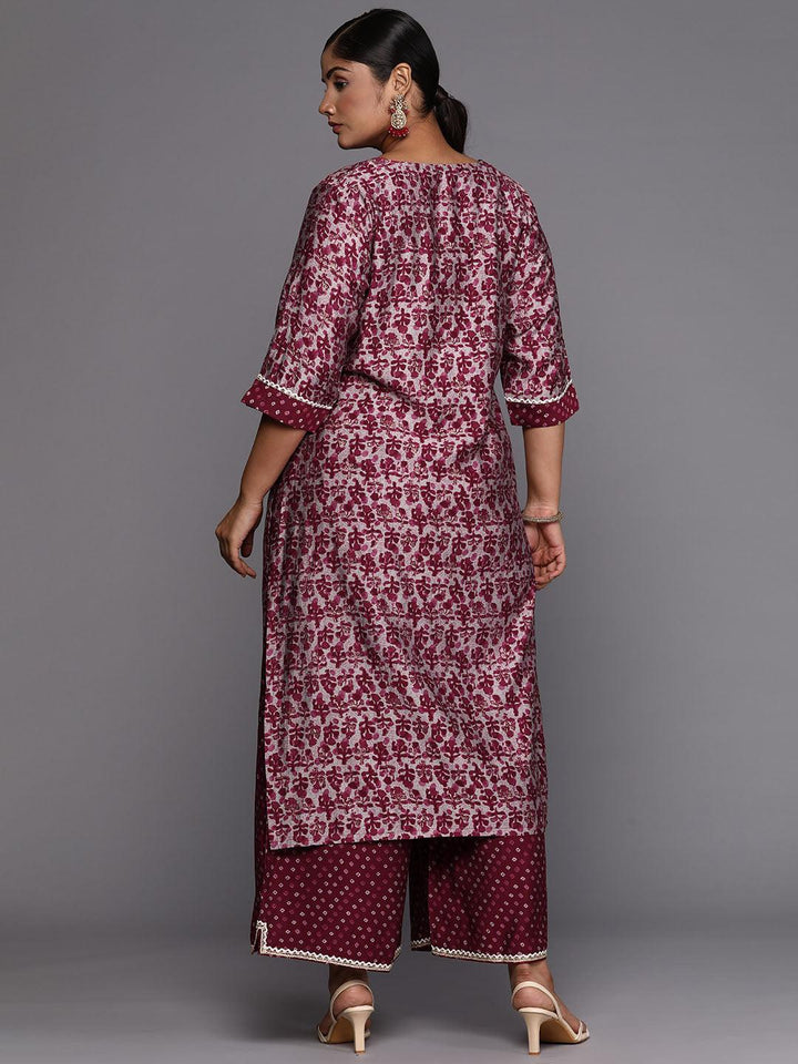 Plus Size Maroon Printed Silk Blend Straight Kurta Set