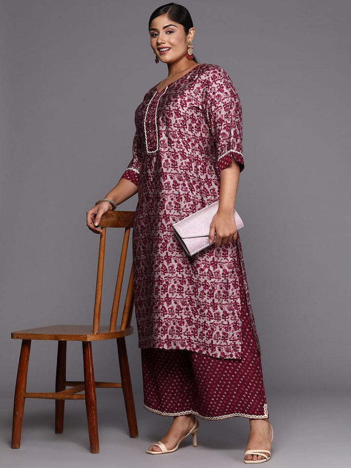 Plus Size Maroon Printed Silk Blend Straight Kurta Set