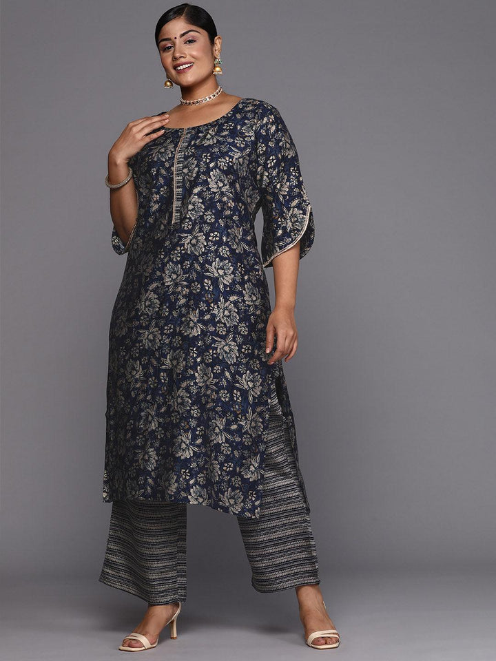 Plus Size Blue Printed Silk Blend Straight Kurta Set