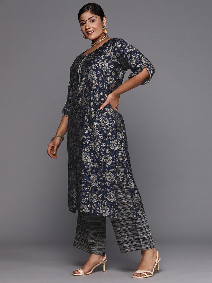 Plus Size Blue Printed Silk Blend Straight Kurta Set
