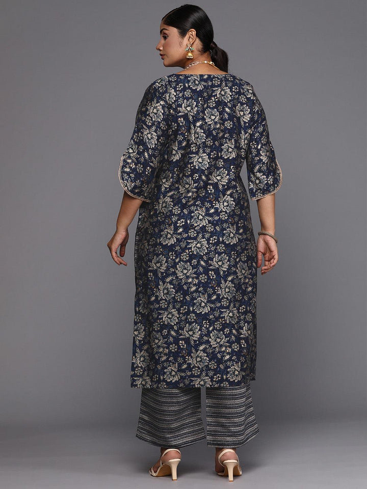 Plus Size Blue Printed Silk Blend Straight Kurta Set
