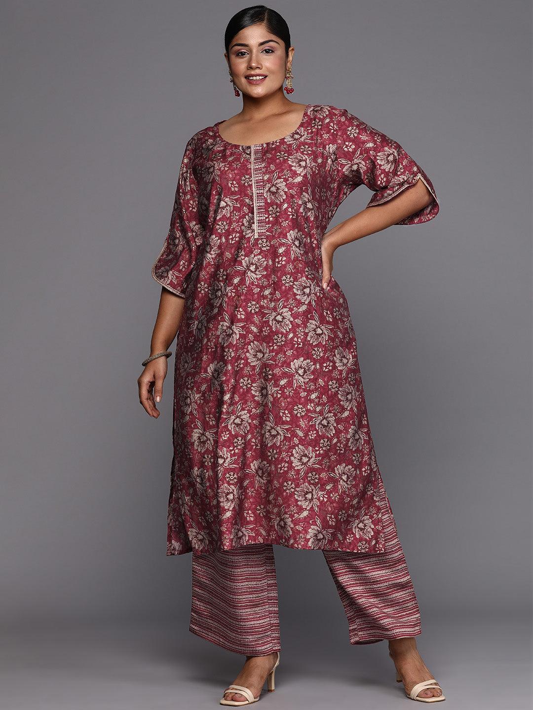 Maroon Printed Silk Blend Straight Kurta With Trousers - ShopLibas