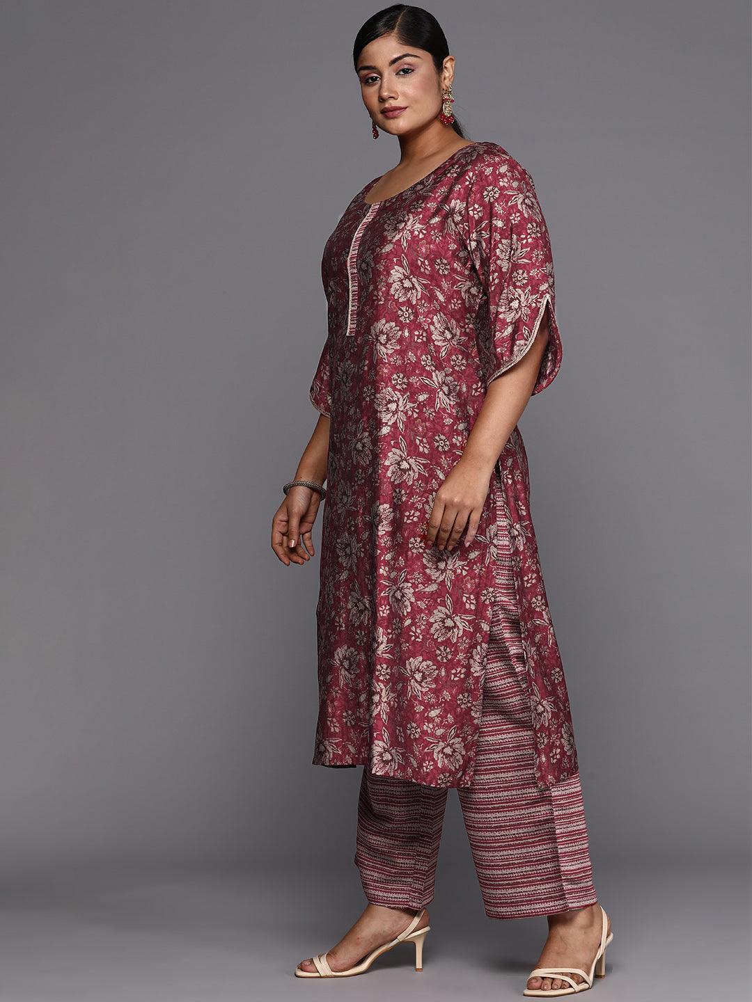 Maroon Printed Silk Blend Straight Kurta With Trousers - ShopLibas