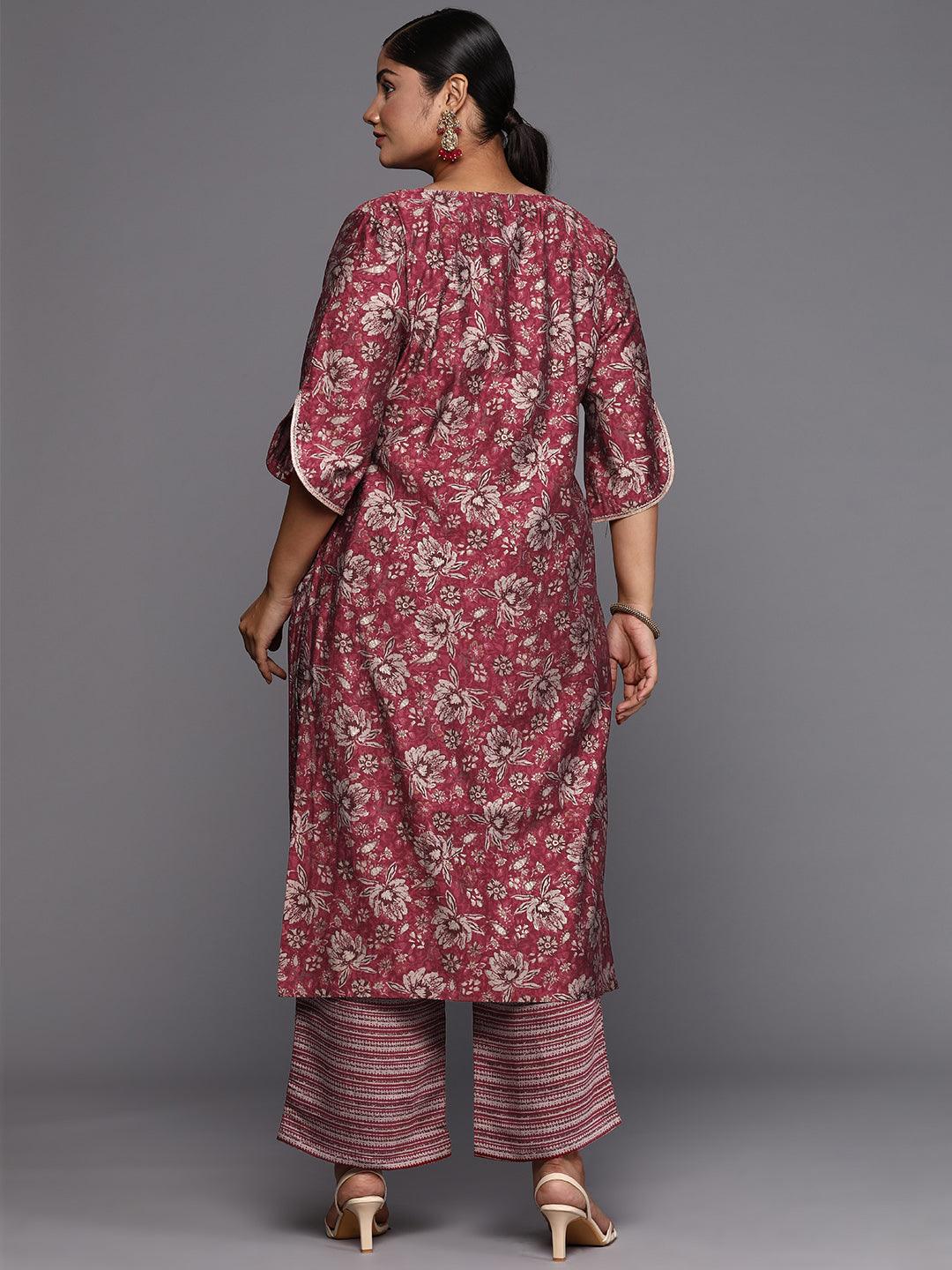 Maroon Printed Silk Blend Straight Kurta With Trousers - ShopLibas