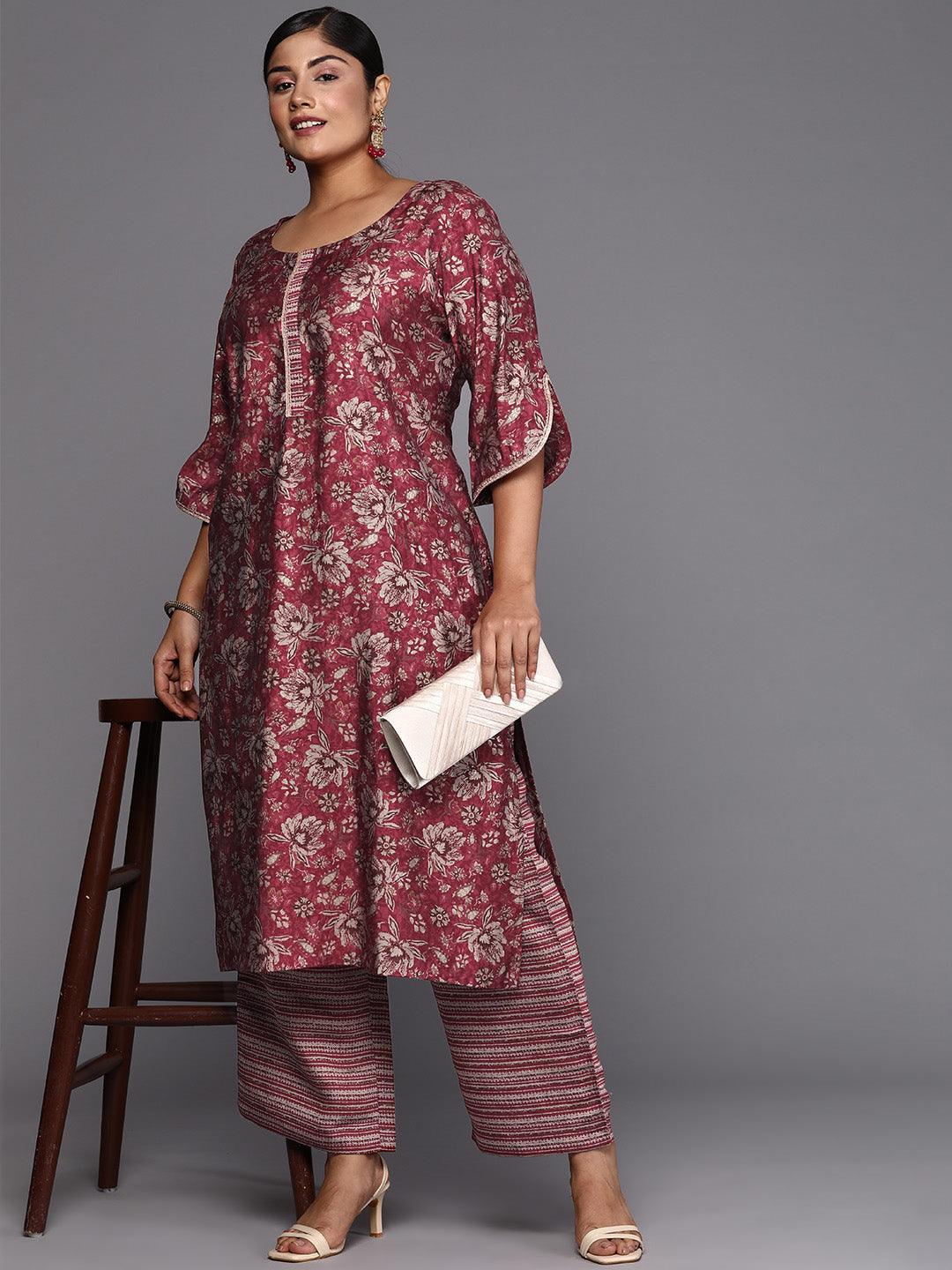 Maroon Printed Silk Blend Straight Kurta With Trousers - ShopLibas