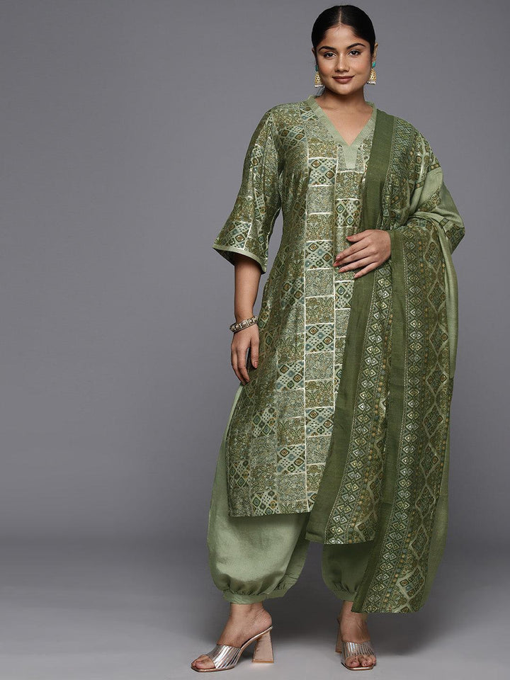 Plus Size Green Printed Silk Blend Straight Suit With Dupatta