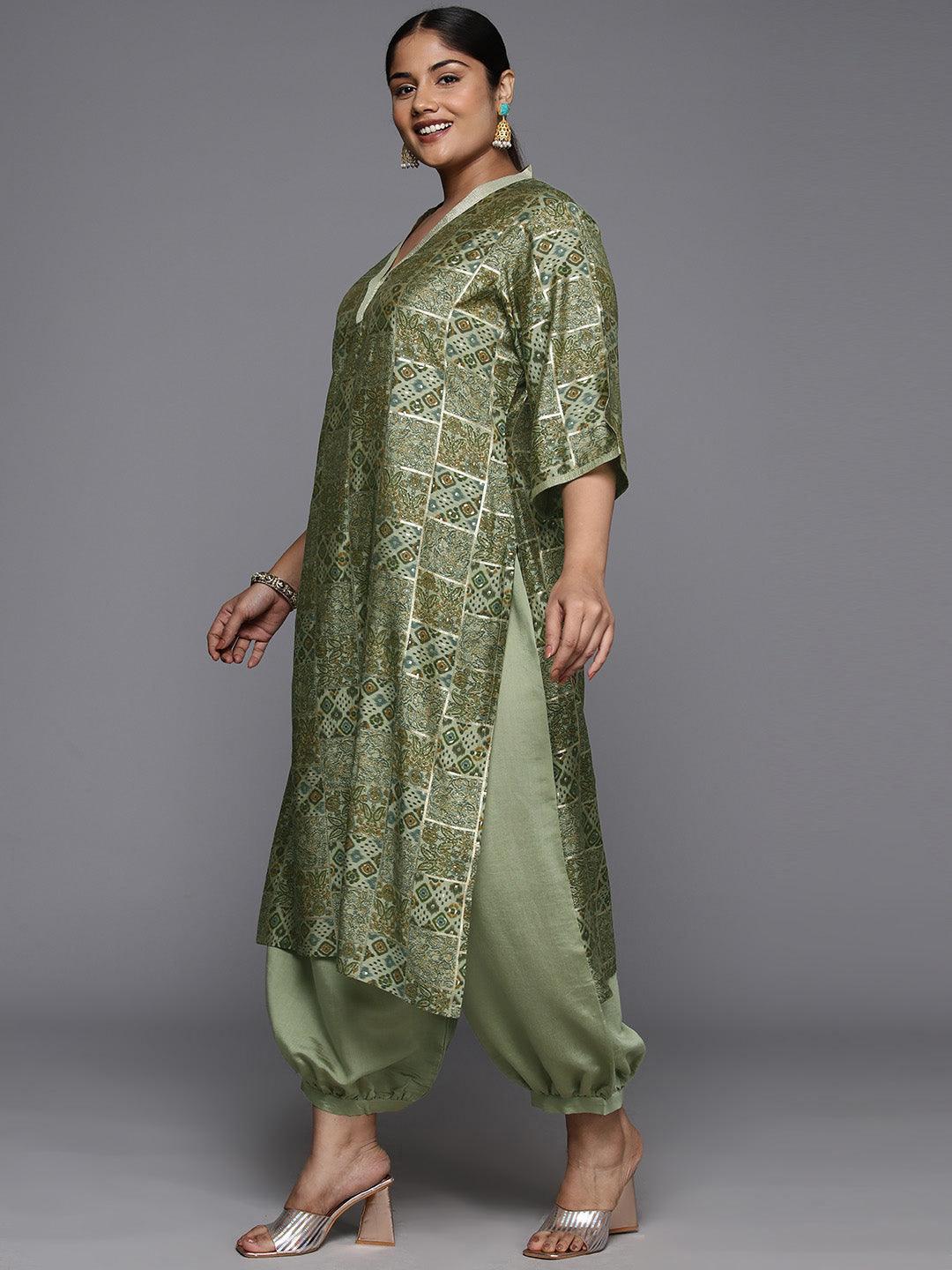 Plus Size Green Printed Silk Blend Straight Kurta With Salwar & Dupatta - ShopLibas