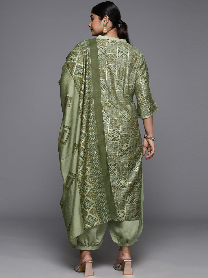 Plus Size Green Printed Silk Blend Straight Suit With Dupatta