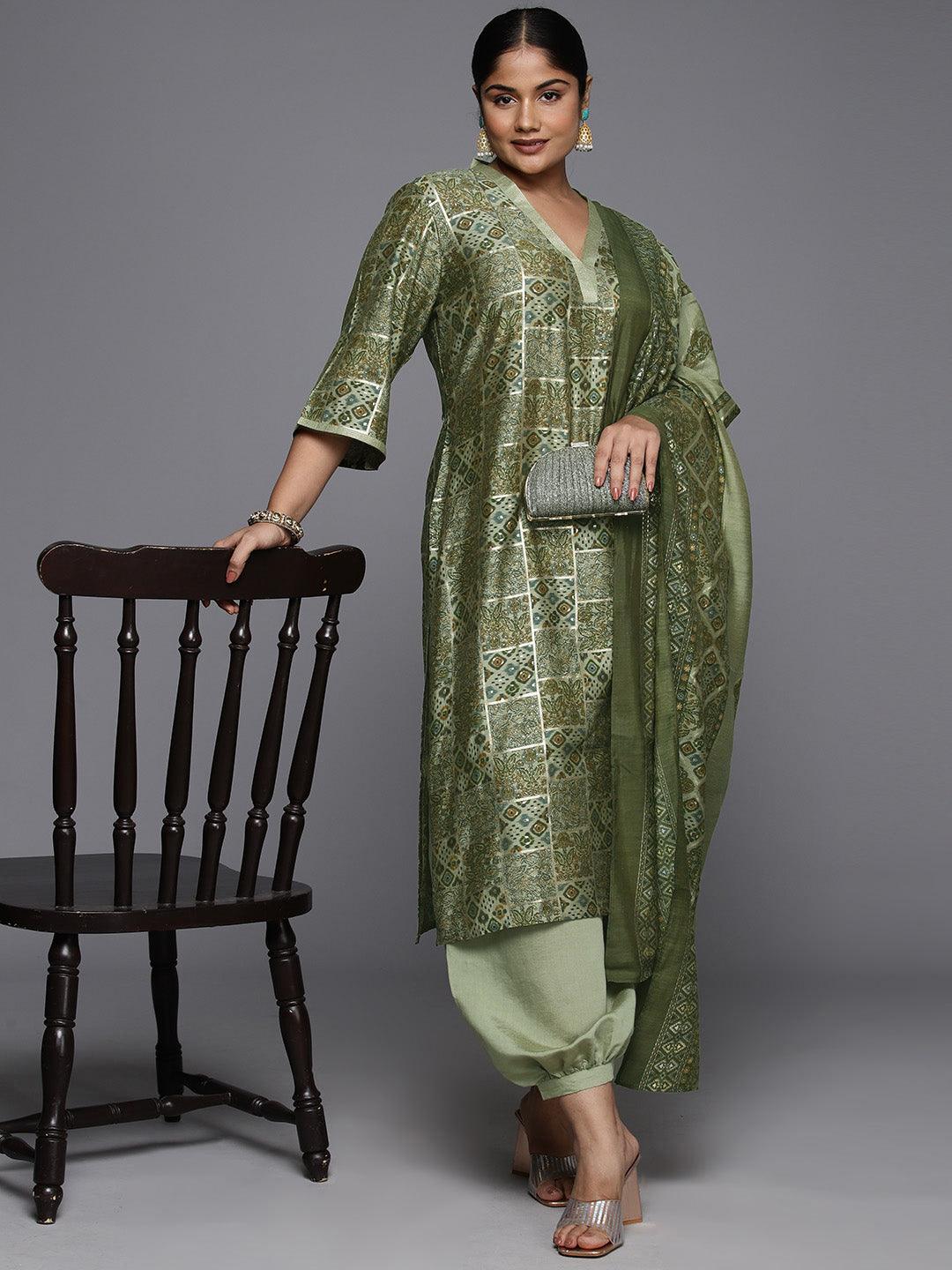 Plus Size Green Printed Silk Blend Straight Kurta With Salwar & Dupatta - ShopLibas