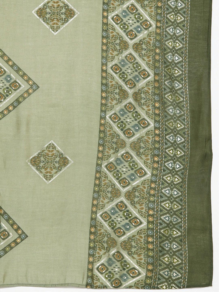 Plus Size Green Printed Silk Blend Straight Suit With Dupatta