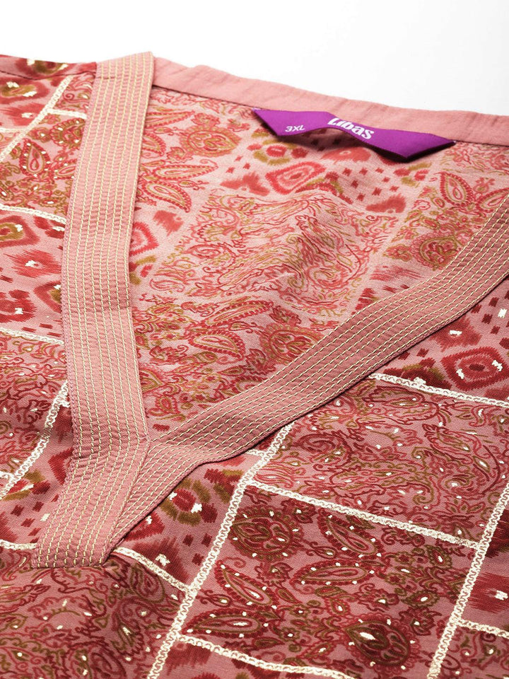 Plus Size Peach Printed Silk Blend Straight Suit With Dupatta