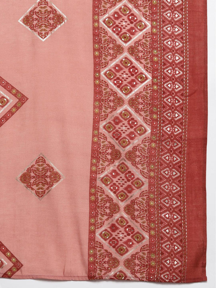 Plus Size Peach Printed Silk Blend Straight Suit With Dupatta