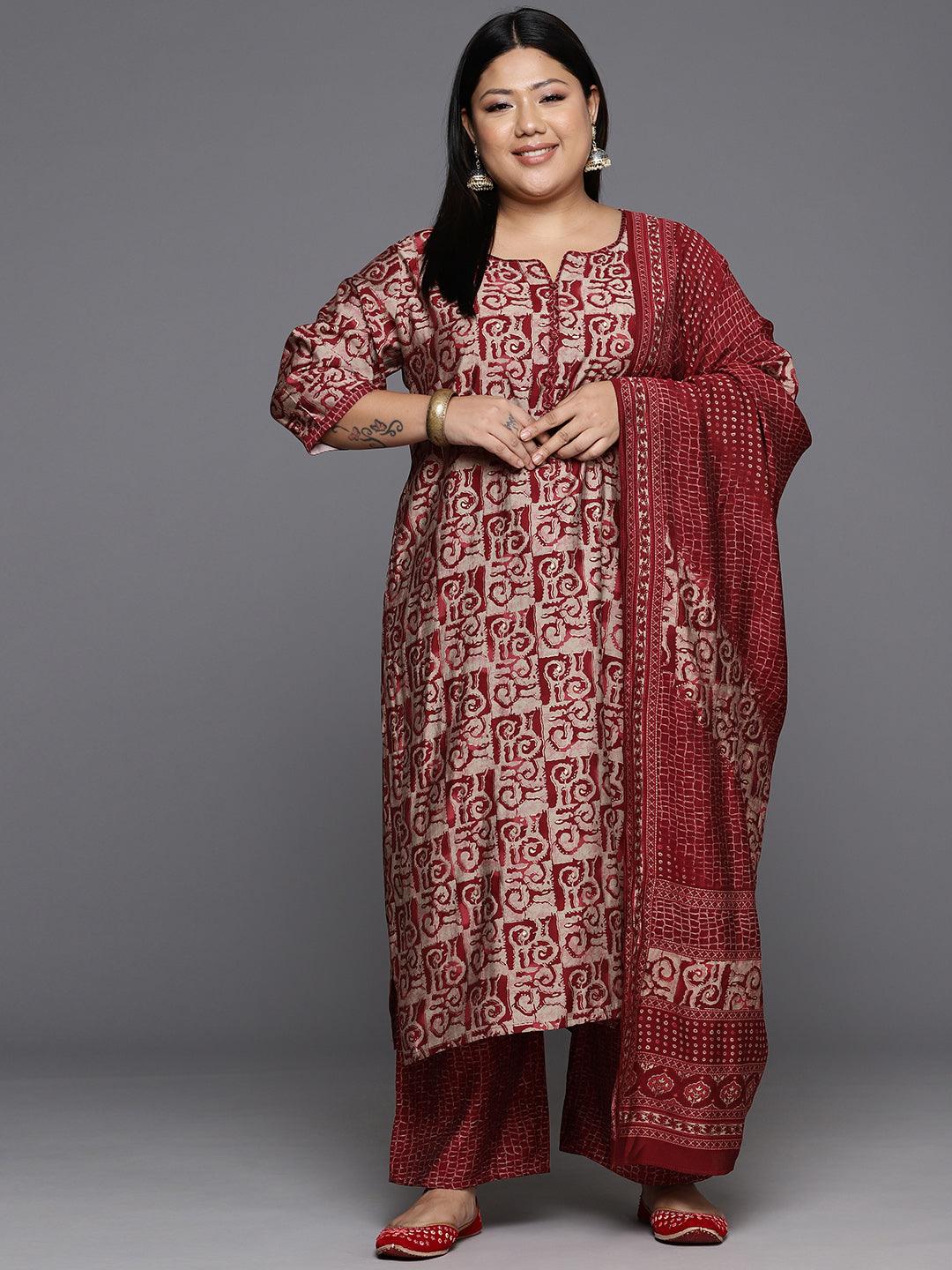 Maroon Printed Silk Blend Straight Kurta With Trousers & Dupatta - ShopLibas