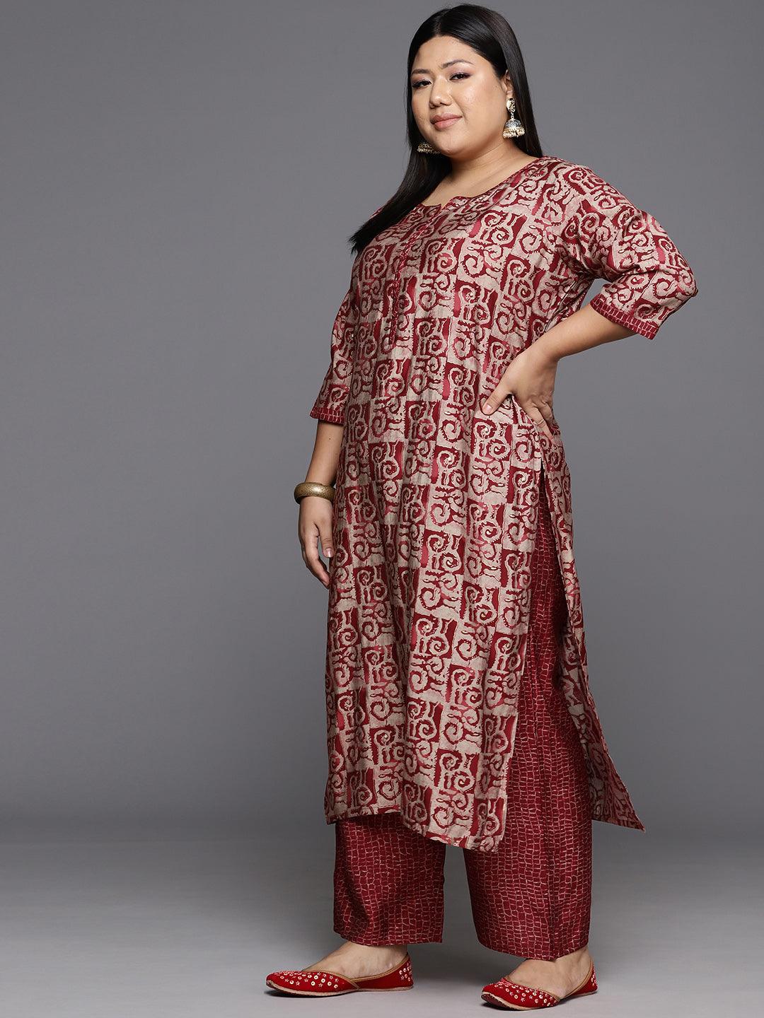 Maroon Printed Silk Blend Straight Kurta With Trousers & Dupatta - ShopLibas