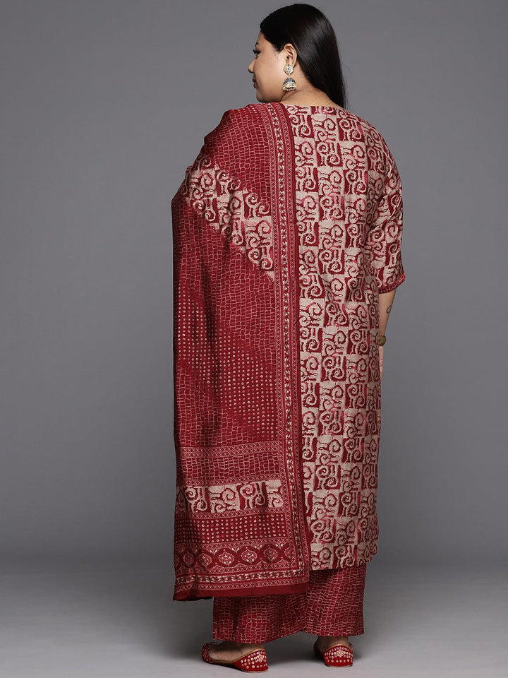 Plus Size Maroon Printed Silk Blend Straight Suit With Dupatta