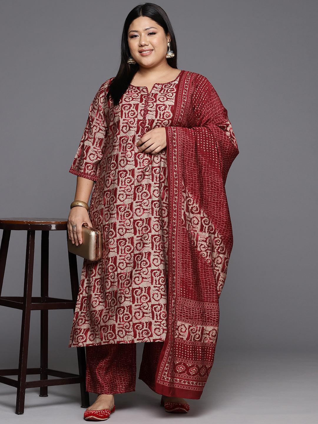 Maroon Printed Silk Blend Straight Kurta With Trousers & Dupatta - ShopLibas