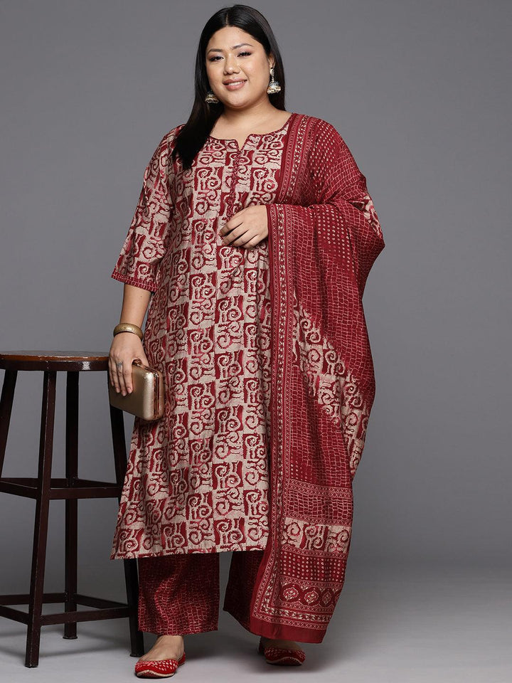 Plus Size Maroon Printed Silk Blend Straight Suit With Dupatta