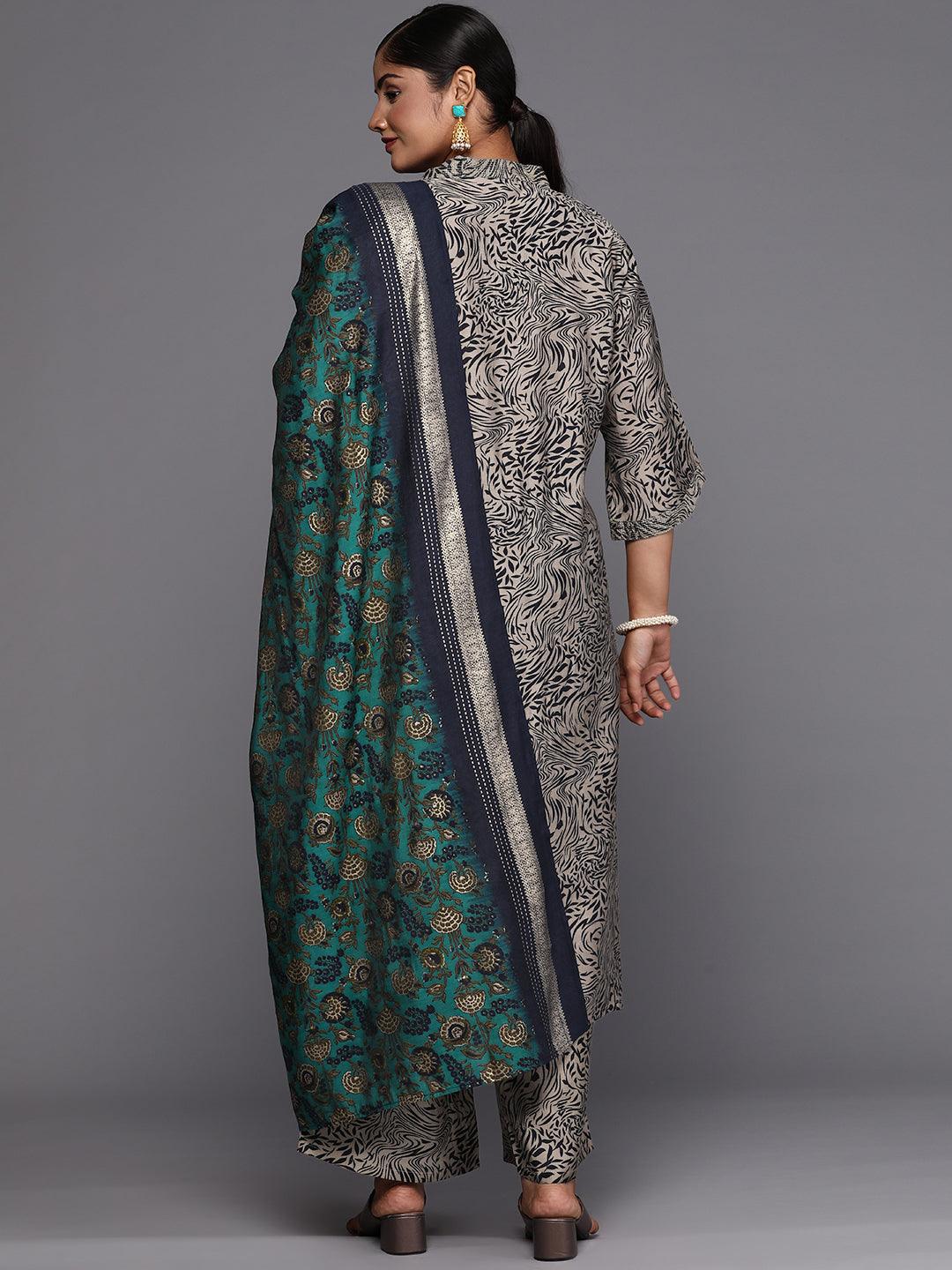 Blue Printed Silk Blend Straight Kurta With Trousers & Dupatta - ShopLibas