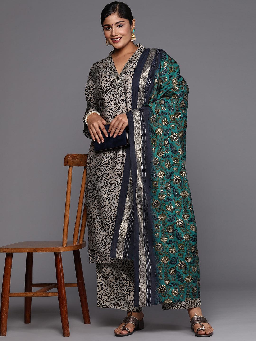 Blue Printed Silk Blend Straight Kurta With Trousers & Dupatta - ShopLibas