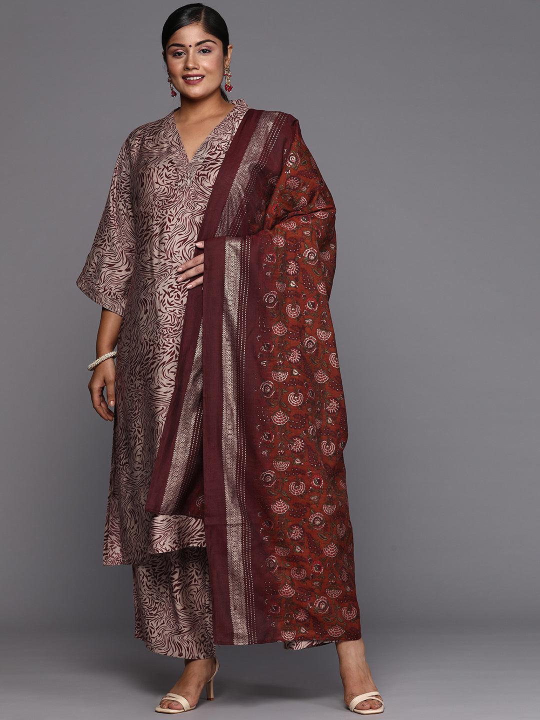 Maroon Printed Silk Blend Straight Kurta With Trousers & Dupatta - ShopLibas