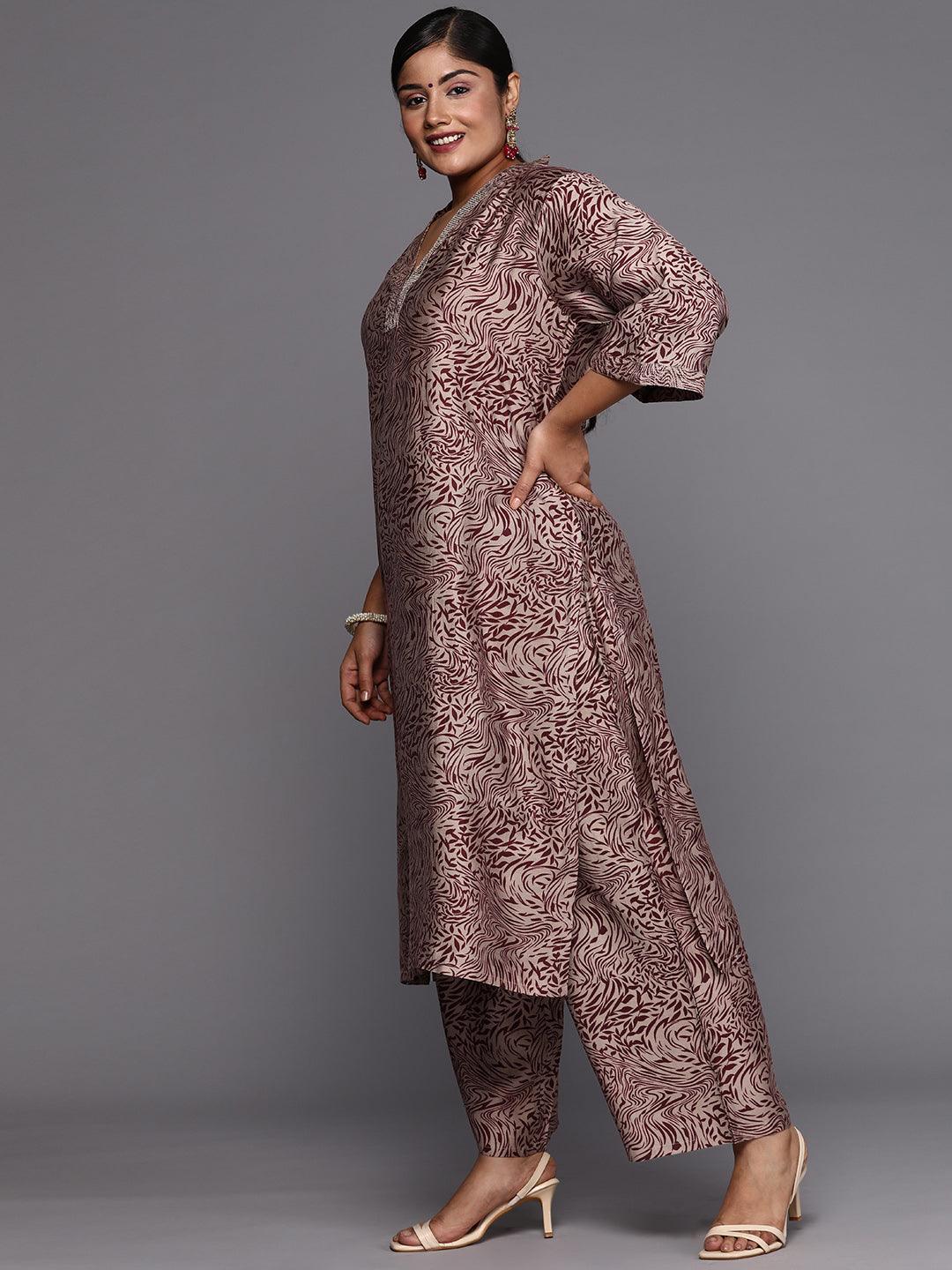 Maroon Printed Silk Blend Straight Kurta With Trousers & Dupatta - ShopLibas