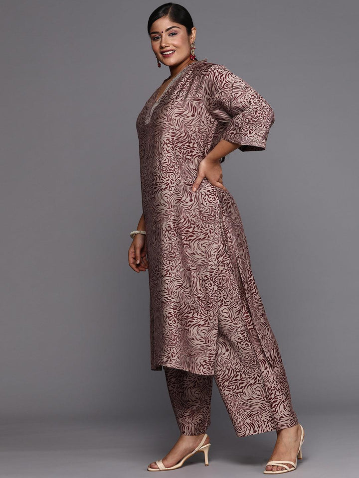 Plus Size Maroon Printed Silk Blend Straight Suit With Dupatta