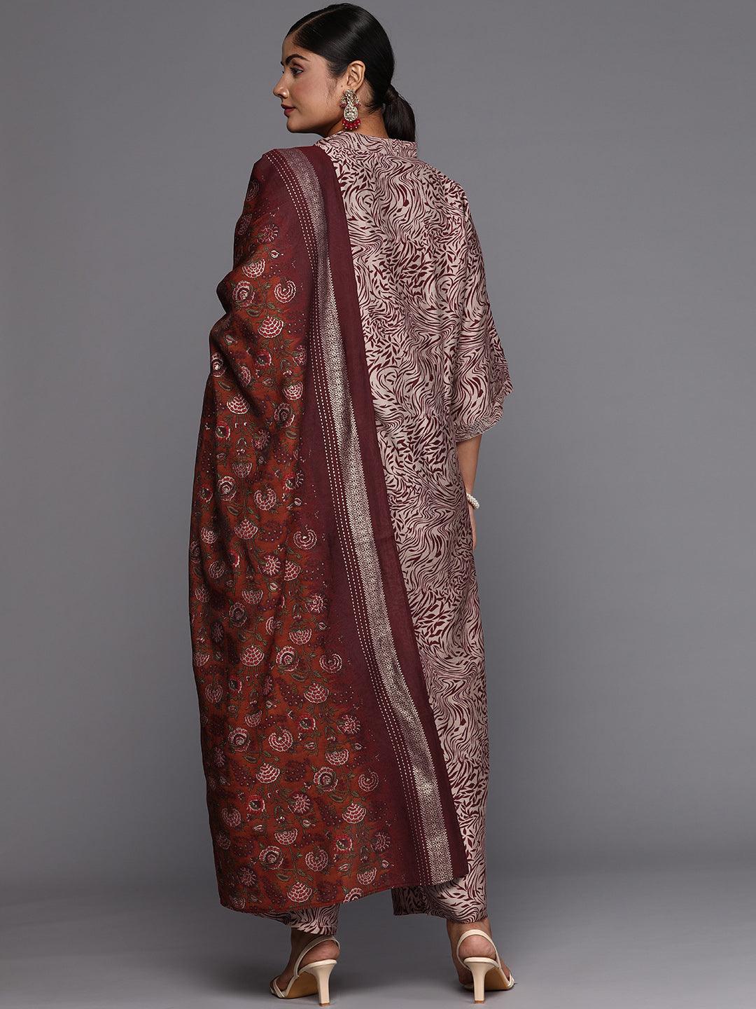 Maroon Printed Silk Blend Straight Kurta With Trousers & Dupatta - ShopLibas