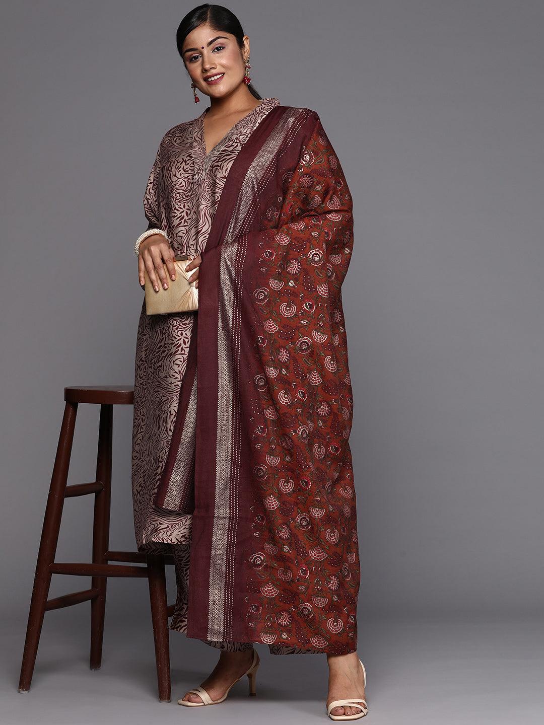 Maroon Printed Silk Blend Straight Kurta With Trousers & Dupatta - ShopLibas